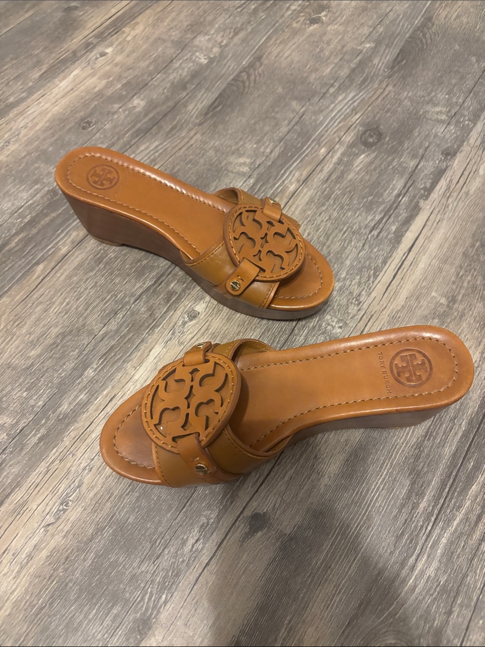Tory Burch Tan Leather Logo Wedge Mules